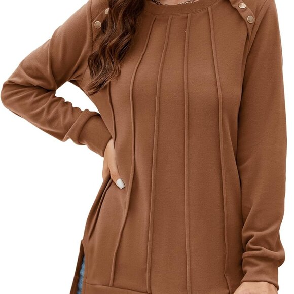 Womens Crewneck Sweater Long Sleeve Pleated Front Casual Fall Outfit - Picture 1 of 5